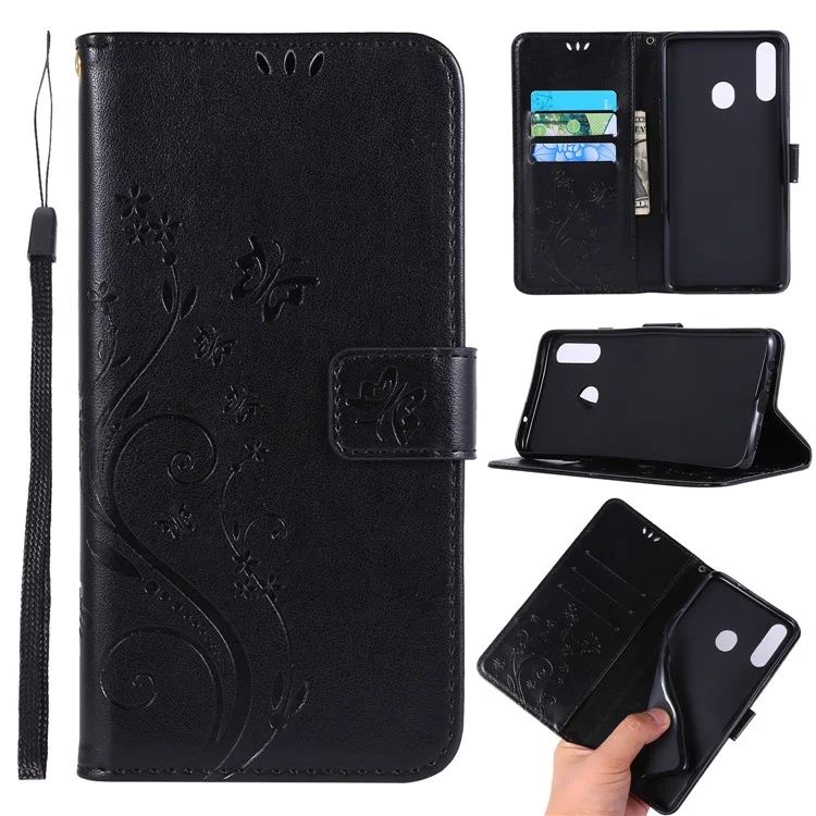Imprint Schmetterlinge Wallet Stand Flip Leder Schutzhülle für Samsung Galaxy A20s - Schwarz
