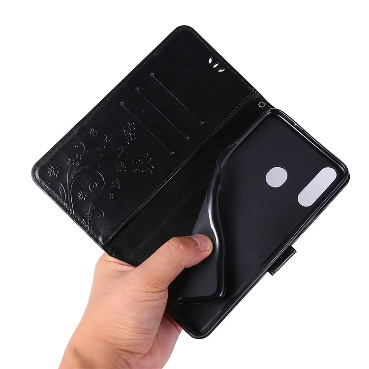 Imprint Butterflies Wallet Stand Flip Leather Protective Case for Samsung Galaxy A20s - Black