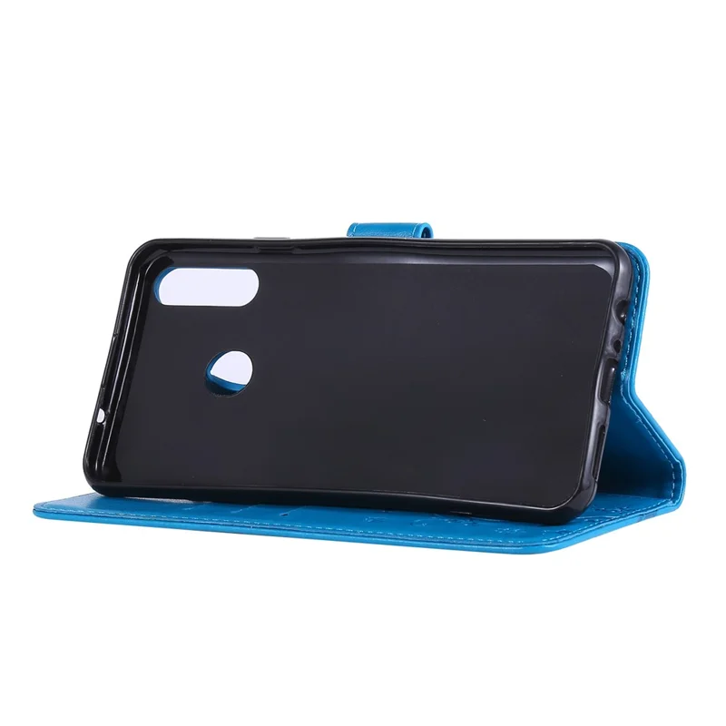 Imprint Butterflies Wallet Stand Flip Leather Protective Case for Samsung Galaxy A20s - Dark Blue