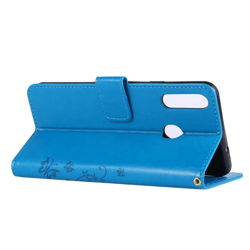 Imprint Butterflies Wallet Stand Flip Leather Protective Case for Samsung Galaxy A20s - Dark Blue