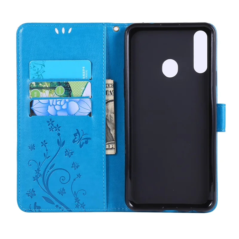 Imprint Butterflies Wallet Stand Flip Leather Protective Case for Samsung Galaxy A20s - Dark Blue