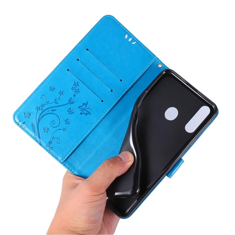 Imprint Butterflies Wallet Stand Flip Leather Protective Case for Samsung Galaxy A20s - Dark Blue