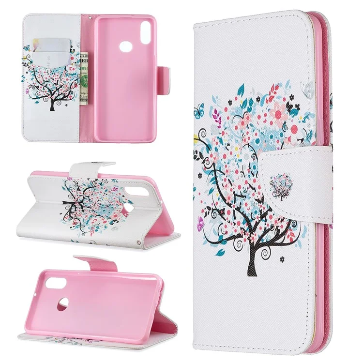 Stamping Pattern PU Pettura Petta Pelle Gushetto Del Paformo Per Samsung Galaxy A10s - Albero Fiorito