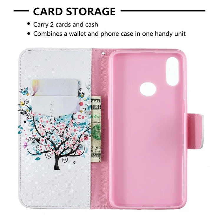 Stamping Pattern PU Pettura Petta Pelle Gushetto Del Paformo Per Samsung Galaxy A10s - Albero Fiorito