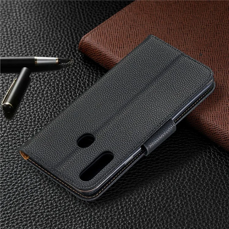 Étui de Portefeuille en Cuir Litchi Skin Stand Pour Samsung Galaxy A20s - le Noir