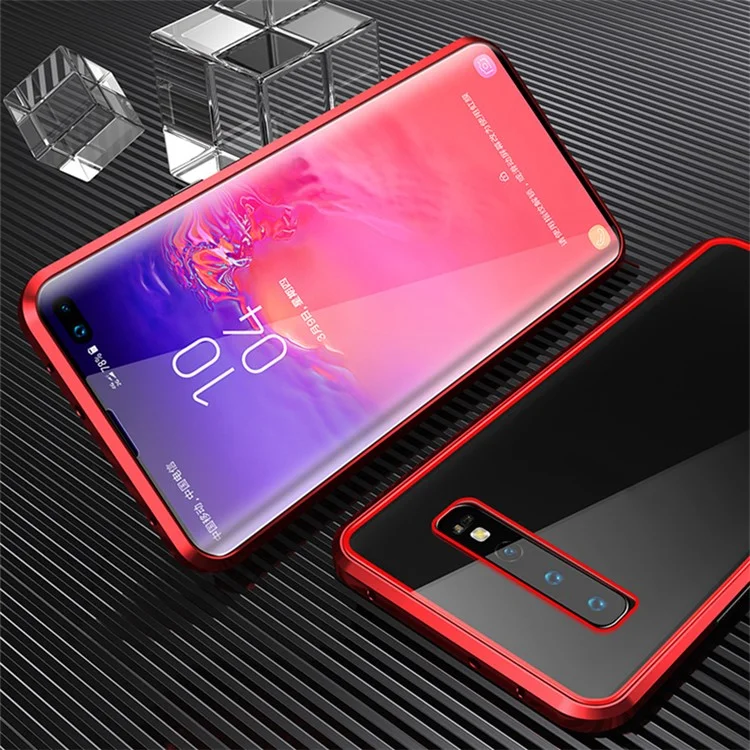 Full Covering Magnetic Metal Frame + Guscio Di Telefono In Vetro Antidro-scracciata Doppia Per Samsung Galaxy S10 - Rosso