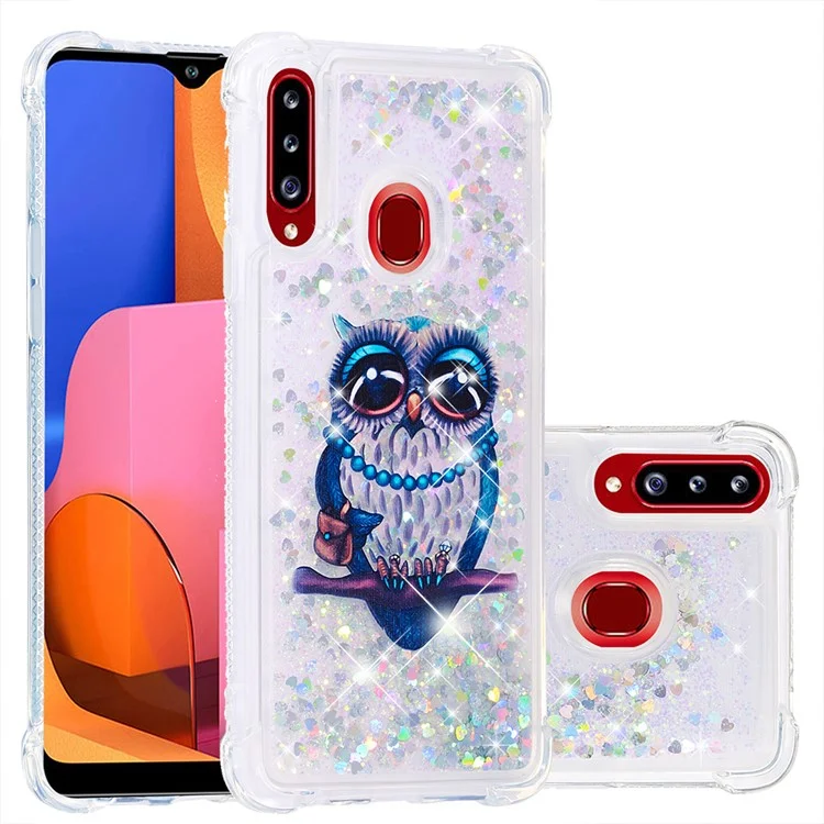 Flüssiges Glitterpulver gemusterter stoßfester Quicksand TPU-Hülle für Samsung Galaxy A20s - Eule