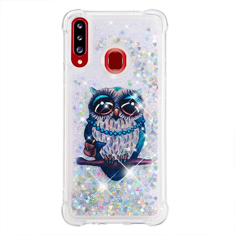 Flüssiges Glitterpulver gemusterter stoßfester Quicksand TPU-Hülle für Samsung Galaxy A20s - Eule