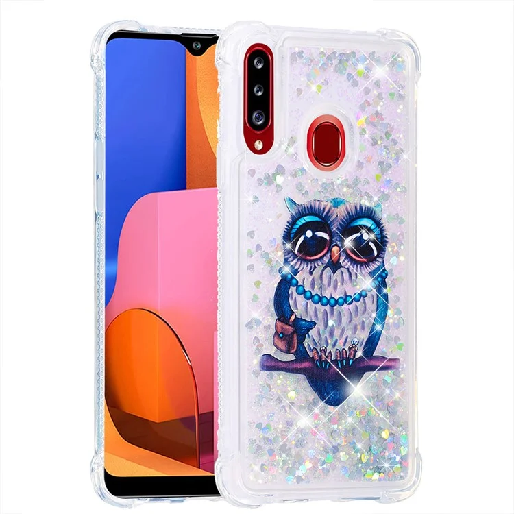 Flüssiges Glitterpulver gemusterter stoßfester Quicksand TPU-Hülle für Samsung Galaxy A20s - Eule