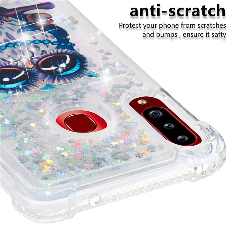 Flüssiges Glitterpulver gemusterter stoßfester Quicksand TPU-Hülle für Samsung Galaxy A20s - Eule
