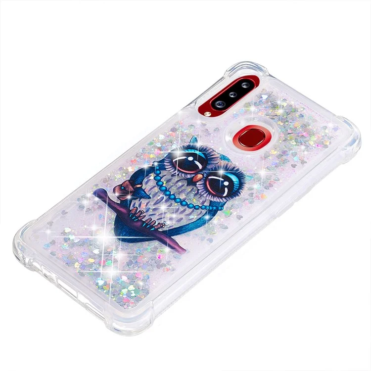 Flüssiges Glitterpulver gemusterter stoßfester Quicksand TPU-Hülle für Samsung Galaxy A20s - Eule