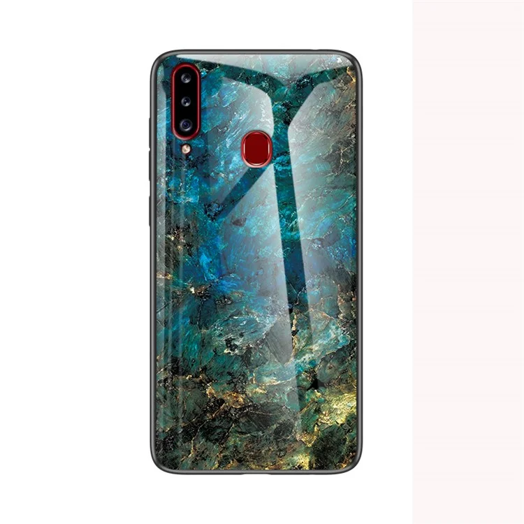 Marmortexturteiliger Glas + PC + TPU Hybrid-Handyhülle für Samsung Galaxy A20s - Smaragd