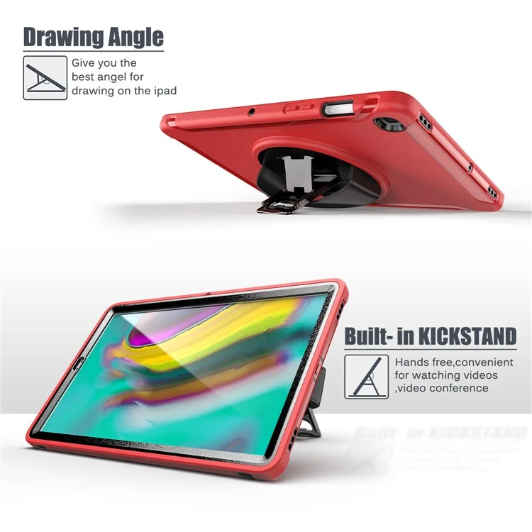 Carcasa de concha de PC + TPU con soporte giratorio de 360° y correa para la mano para Samsung Galaxy Tab S5e SM-T720/T725 - Rojo