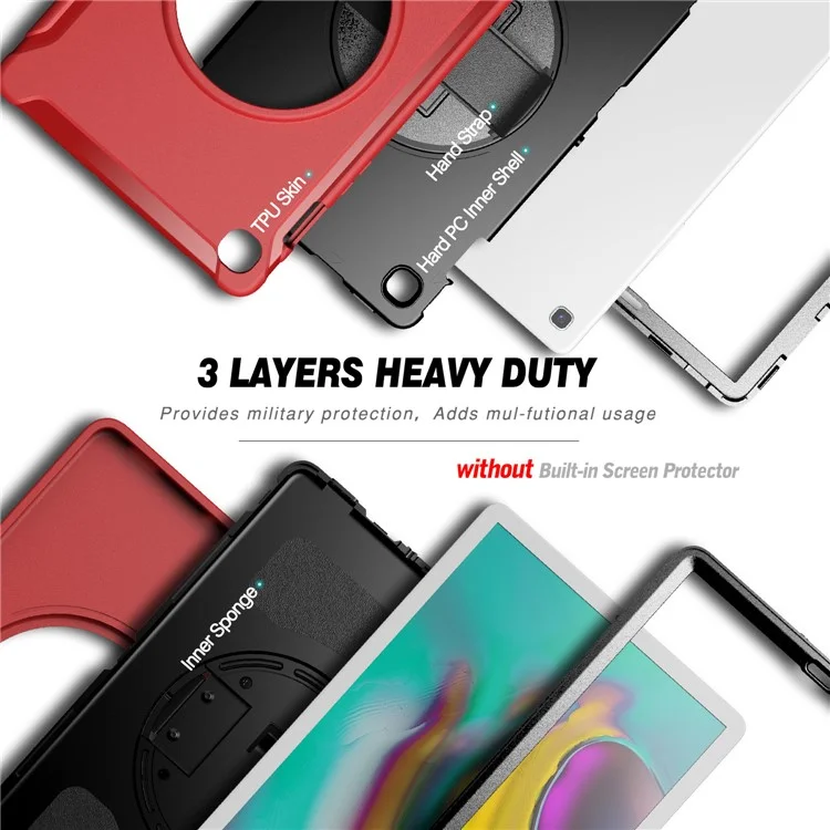 Carcasa de concha de PC + TPU con soporte giratorio de 360° y correa para la mano para Samsung Galaxy Tab S5e SM-T720/T725 - Rojo