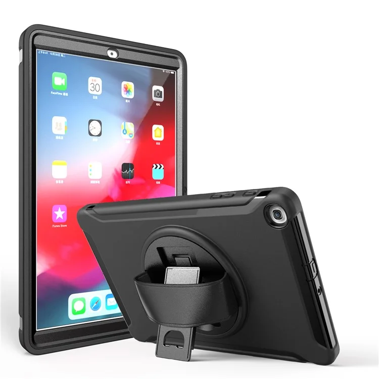 360° Swivel Kickstand PC + TPU Hybrid Tablet Case with Hand Strap for Samsung Galaxy Tab A 10.1 (2019) SM-T510/T515 - Black