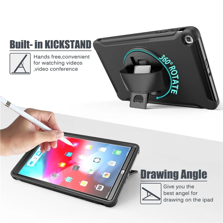 Custodia A 360 ° Kickstand Girevole PC + Tablet Ibrido TPU Con Cinturino A Mano Per Samsung Galaxy Tab A 10.1 (2019) SM-T510/T515 - Nero