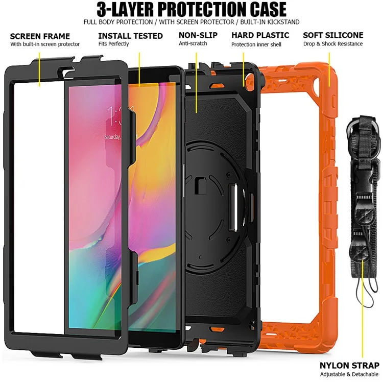 Capa de Silicone com Suporte de Apoio e Protetor de Tela para Samsung Galaxy Tab A 10.1 (2019) SM-T510/T515 - Laranja/Preto
