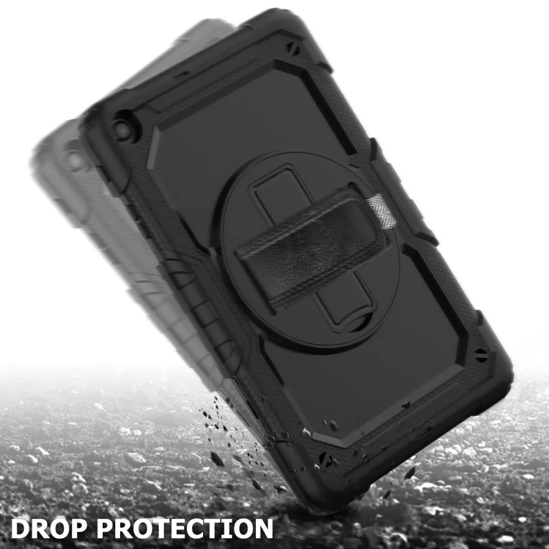 PC Silicone Kickstand Case with Strap Screen Protector for Samsung Galaxy Tab A 10.1 (2019) SM-T510/T515 - Black