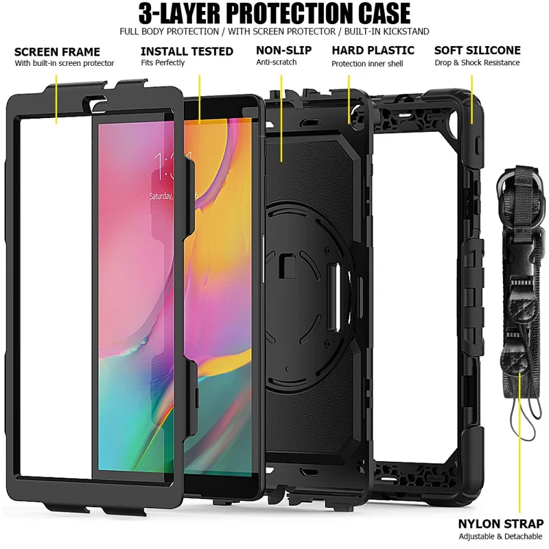 PC Silicone Kickstand Case with Strap Screen Protector for Samsung Galaxy Tab A 10.1 (2019) SM-T510/T515 - Black