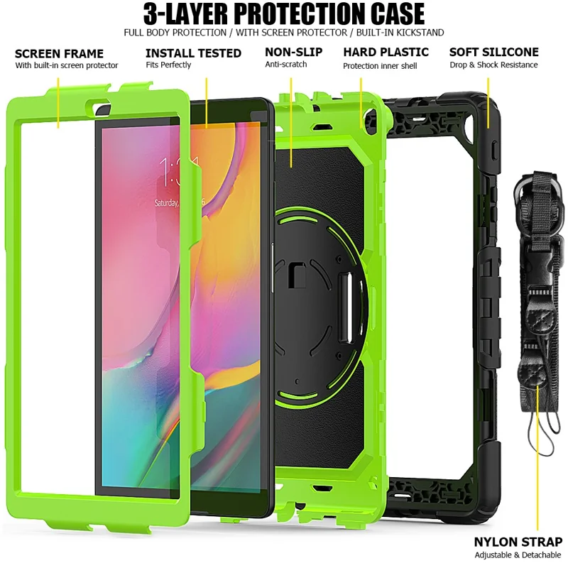 PC Silicone Kickstand Case with Strap Screen Protector for Samsung Galaxy Tab A 10.1 (2019) SM-T510/T515 - Black/Green