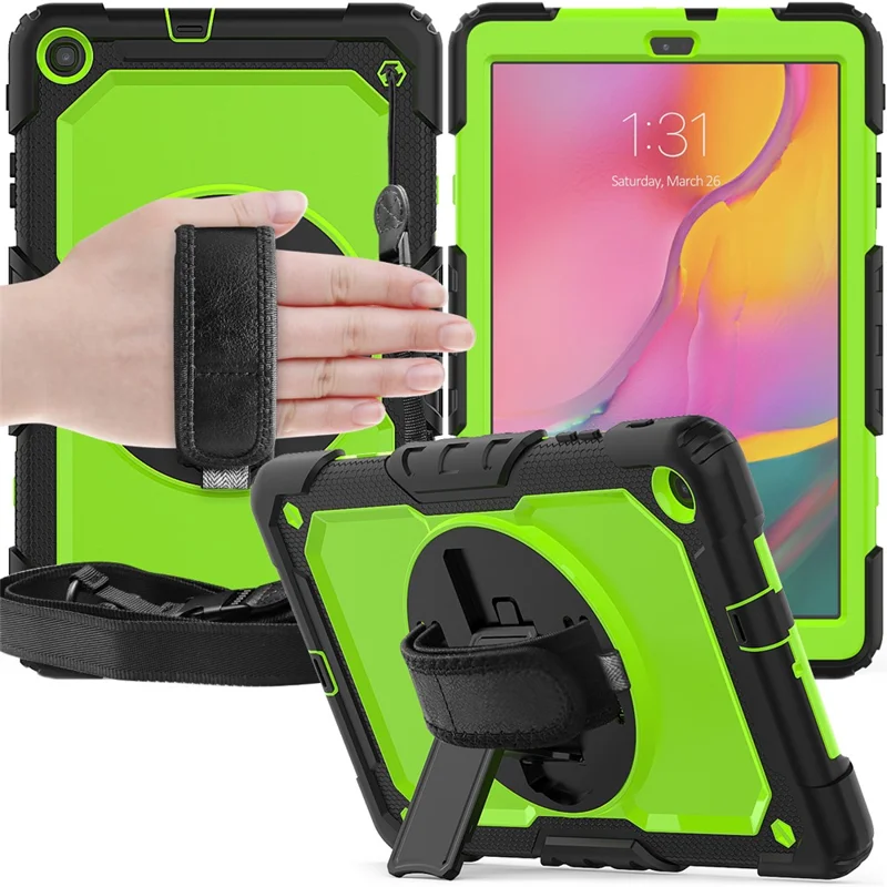 PC Silicone Kickstand Case with Strap Screen Protector for Samsung Galaxy Tab A 10.1 (2019) SM-T510/T515 - Black/Green