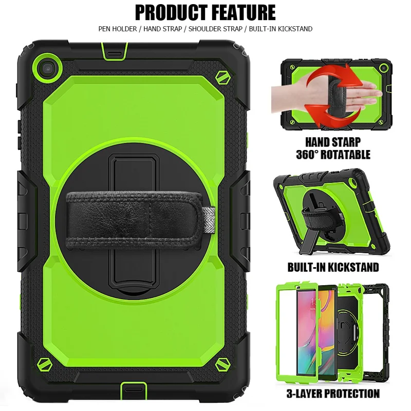 PC Silicone Kickstand Case with Strap Screen Protector for Samsung Galaxy Tab A 10.1 (2019) SM-T510/T515 - Black/Green
