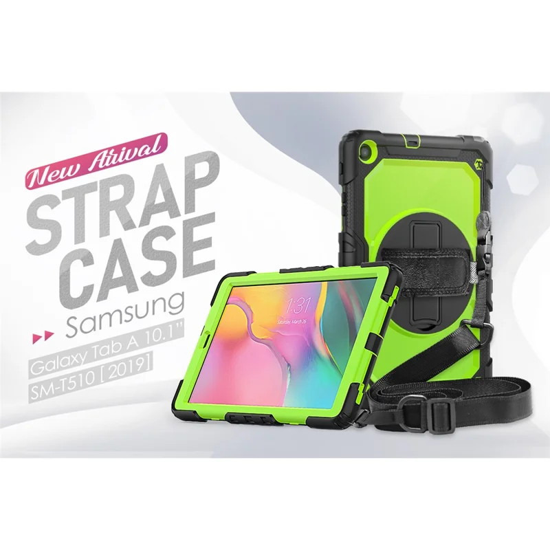 PC Silicone Kickstand Case with Strap Screen Protector for Samsung Galaxy Tab A 10.1 (2019) SM-T510/T515 - Black/Green