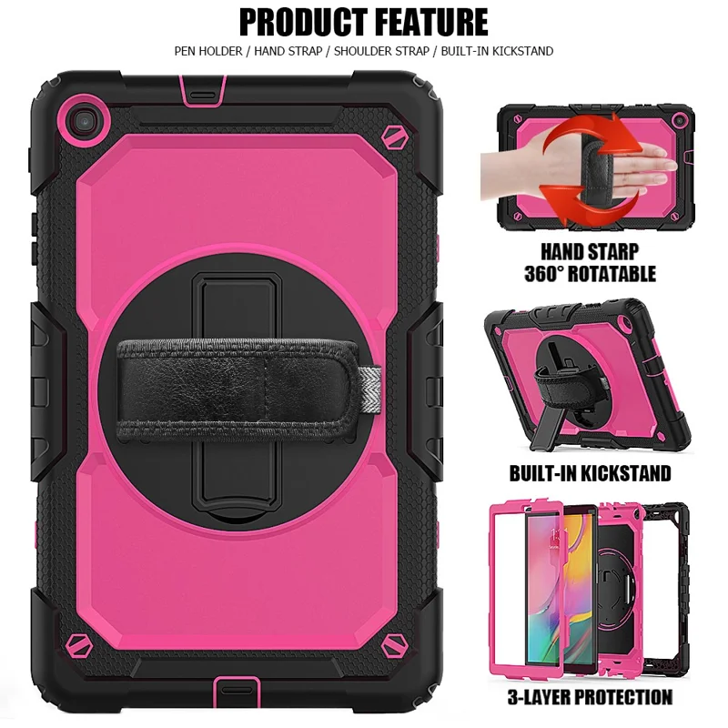 PC Silicone Kickstand Case with Strap Screen Protector for Samsung Galaxy Tab A 10.1 (2019) SM-T510/T515 - Black/Rose