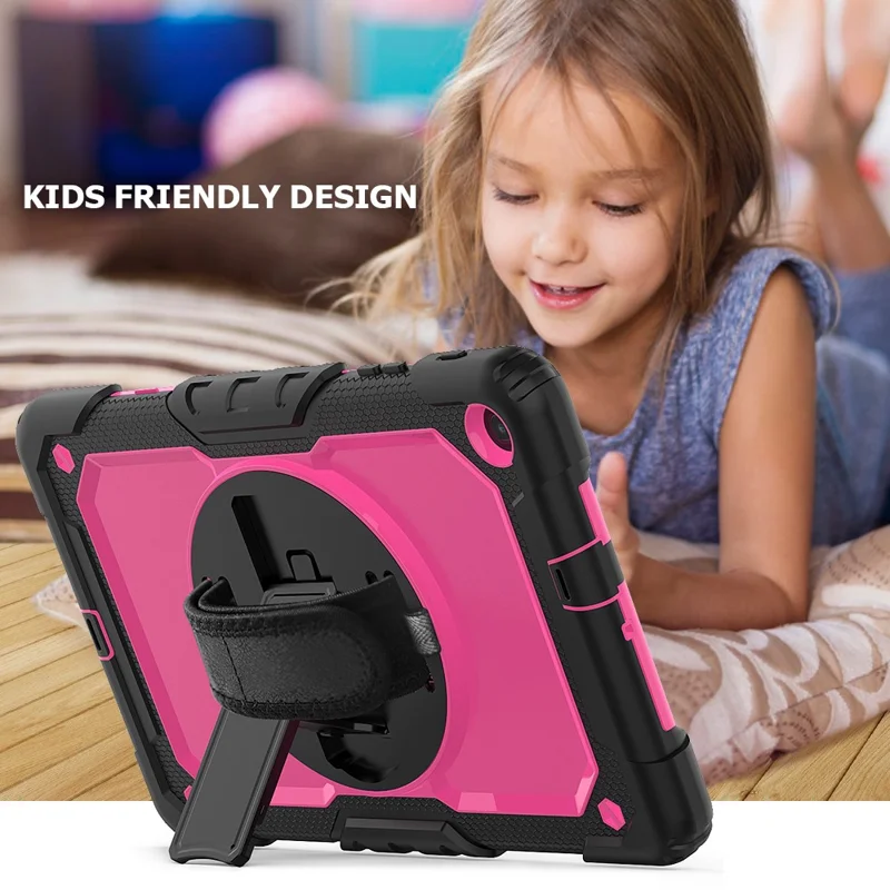 PC Silicone Kickstand Case with Strap Screen Protector for Samsung Galaxy Tab A 10.1 (2019) SM-T510/T515 - Black/Rose