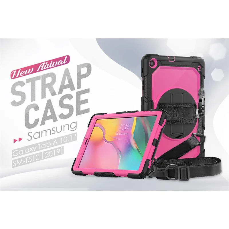 PC Silicone Kickstand Case with Strap Screen Protector for Samsung Galaxy Tab A 10.1 (2019) SM-T510/T515 - Black/Rose