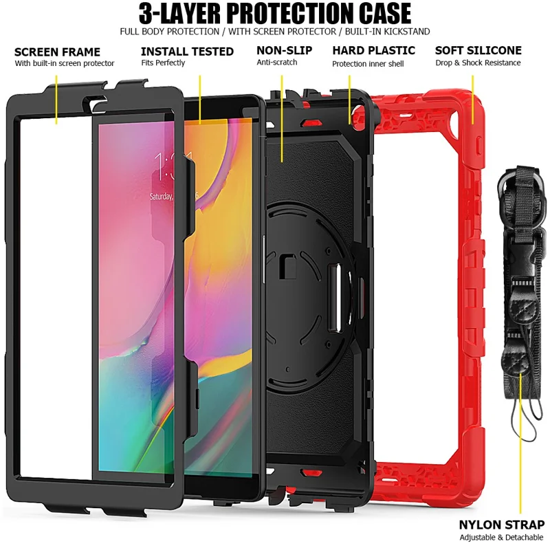 PC Silicone Kickstand Case with Strap Screen Protector for Samsung Galaxy Tab A 10.1 (2019) SM-T510/T515 - Red/Black