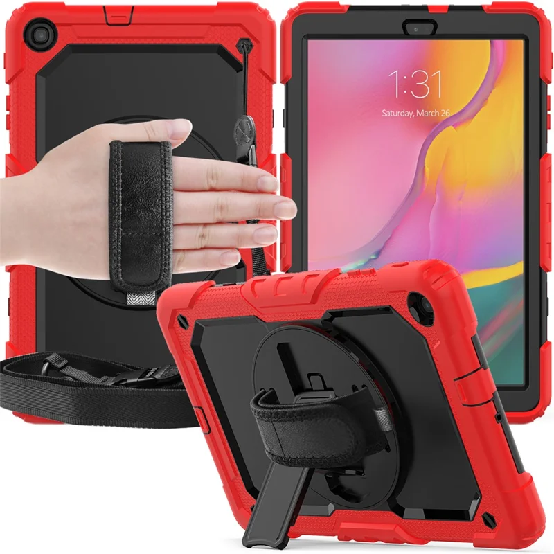 PC Silicone Kickstand Case with Strap Screen Protector for Samsung Galaxy Tab A 10.1 (2019) SM-T510/T515 - Red/Black