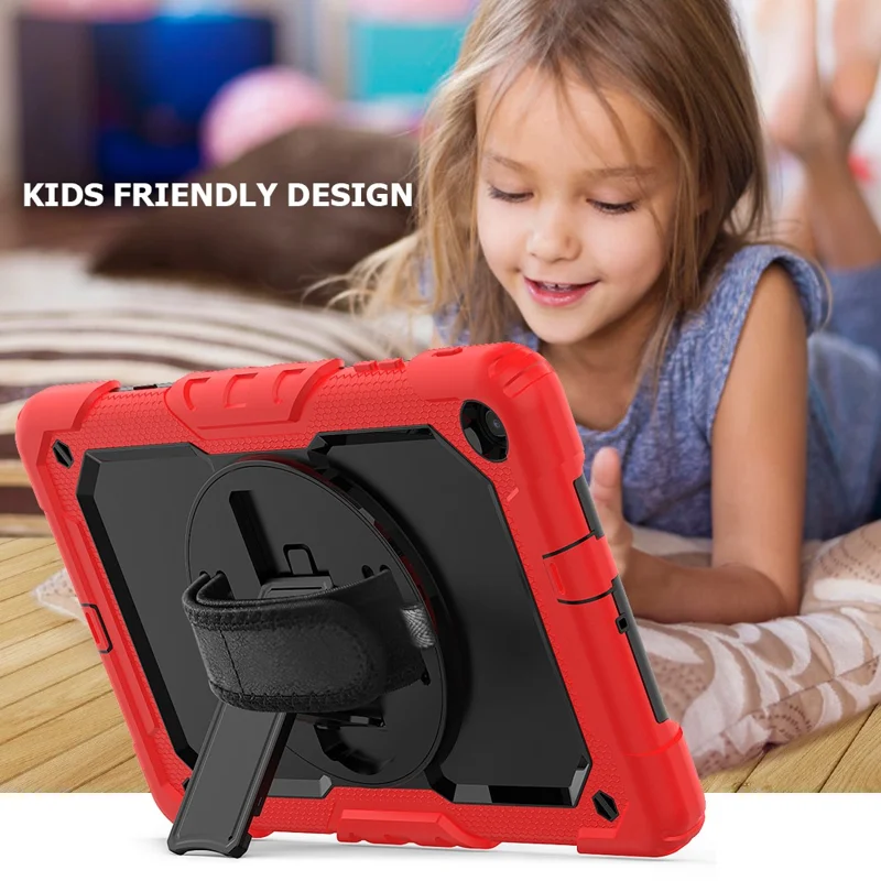 PC Silicone Kickstand Case with Strap Screen Protector for Samsung Galaxy Tab A 10.1 (2019) SM-T510/T515 - Red/Black