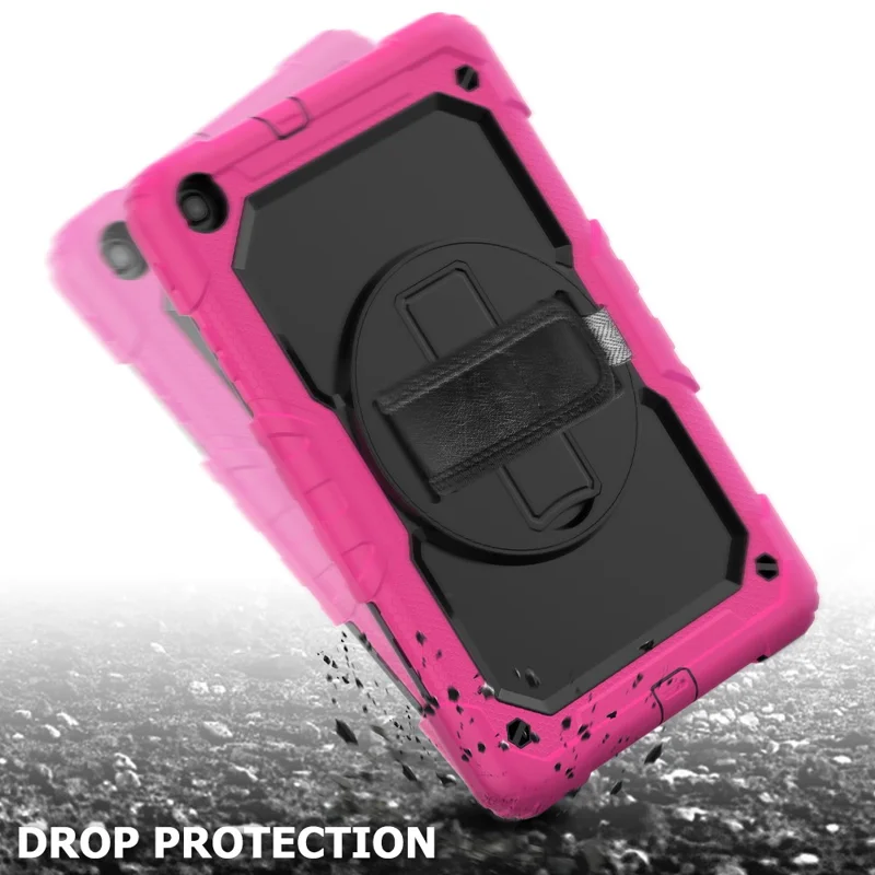 PC Silicone Kickstand Case with Strap Screen Protector for Samsung Galaxy Tab A 10.1 (2019) SM-T510/T515 - Rose/Black