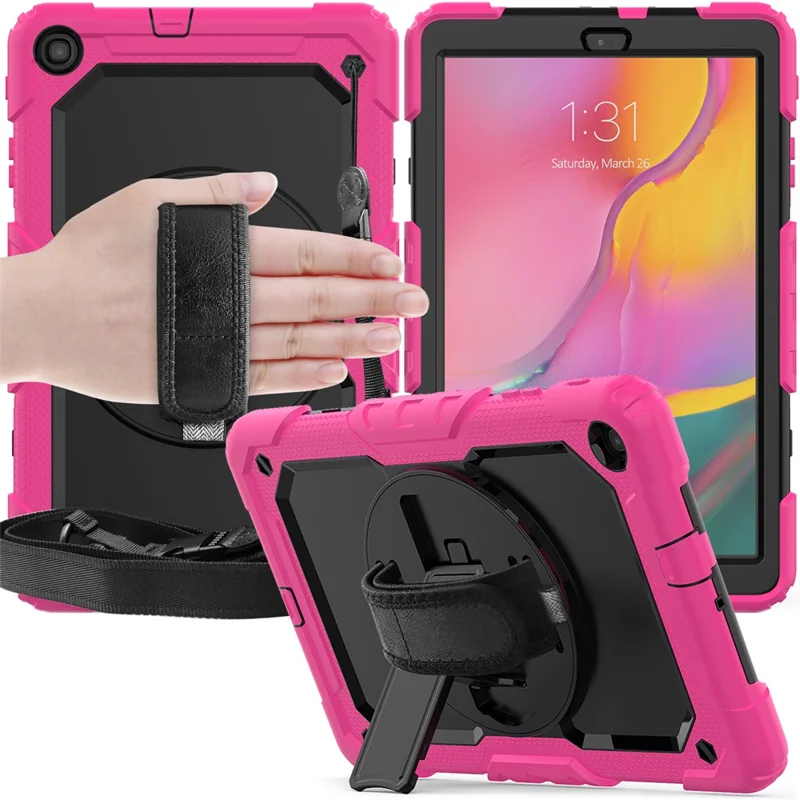 PC Silicone Kickstand Case with Strap Screen Protector for Samsung Galaxy Tab A 10.1 (2019) SM-T510/T515 - Rose/Black