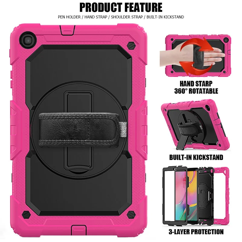 PC Silicone Kickstand Case with Strap Screen Protector for Samsung Galaxy Tab A 10.1 (2019) SM-T510/T515 - Rose/Black