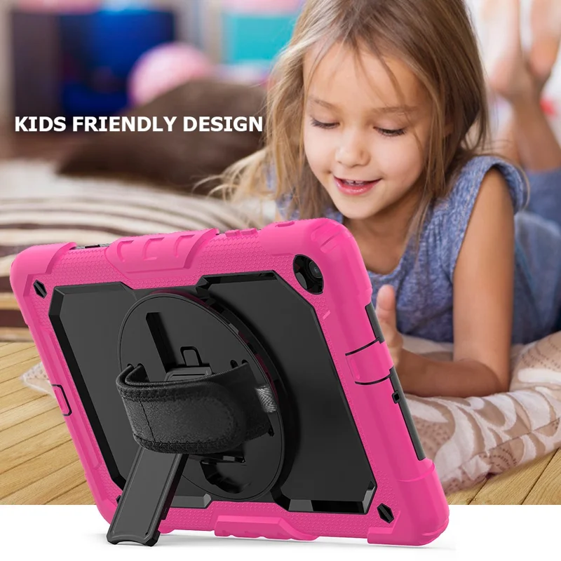 PC Silicone Kickstand Case with Strap Screen Protector for Samsung Galaxy Tab A 10.1 (2019) SM-T510/T515 - Rose/Black