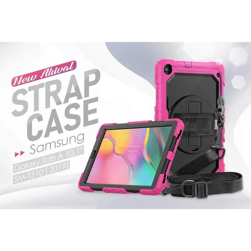 PC Silicone Kickstand Case with Strap Screen Protector for Samsung Galaxy Tab A 10.1 (2019) SM-T510/T515 - Rose/Black
