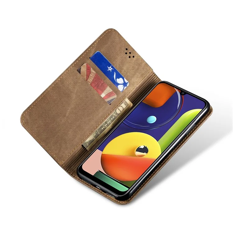 Jeans Cloth Texture Retro Style Flip Leather Case for Samsung Galaxy A50/A50s/A30s - Khaki