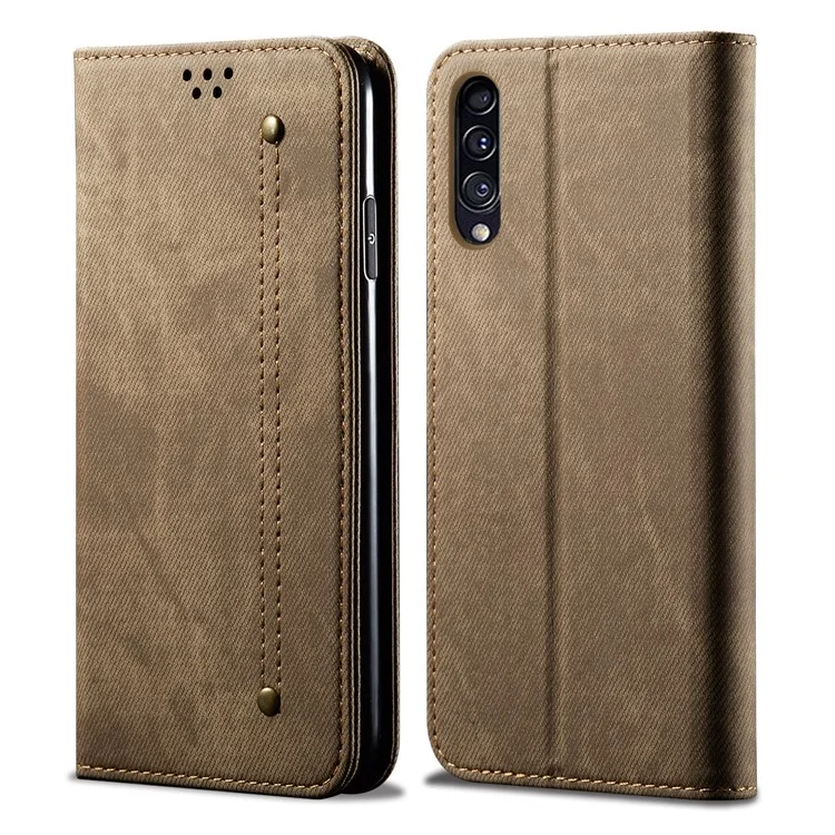 Jeans Cloth Texture Retro Style Flip Leather Case for Samsung Galaxy A50/A50s/A30s - Khaki