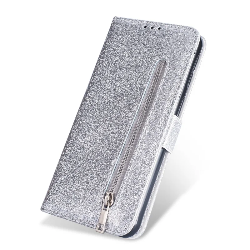 Glitterpulver med lynlås, stander, læderpenneholder med rem til Samsung Galaxy A10s - Sølv