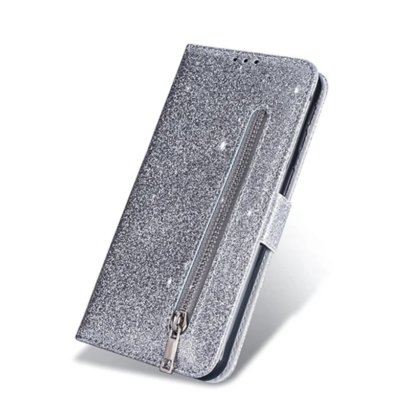 Glitterpulver med lynlås, stander, læderpenneholder med rem til Samsung Galaxy A10s - Sølv