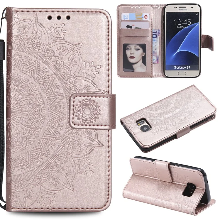 Imprint Flower Magnetic Leather Stand Case for Samsung Galaxy S7 SM-G930 - Rose Gold