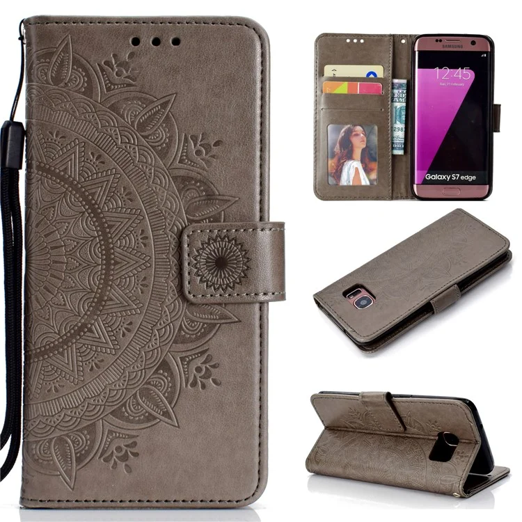 Imprint Flower Leather Wallet Case for Samsung Galaxy S7 edge SM-G935 - Grey