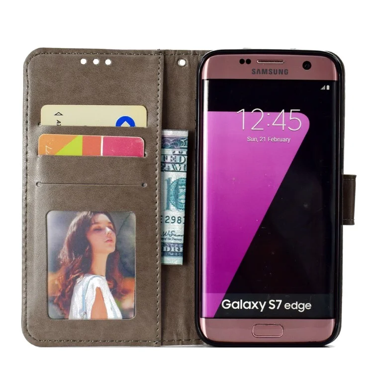 Caixa de Carteira de Couro de Flor da Impressão Para Samsung Galaxy S7 Edge SM-G935 - Cinza