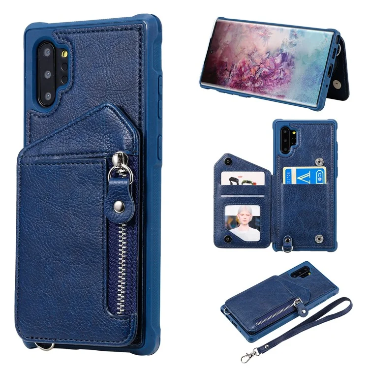 KT Leather Coated Series-2 Zipper Pocket Leather Coated TPU Card Holder Case with Kickstand for Samsung Galaxy Note 10 Plus 5G / Note 10 Plus - Blue