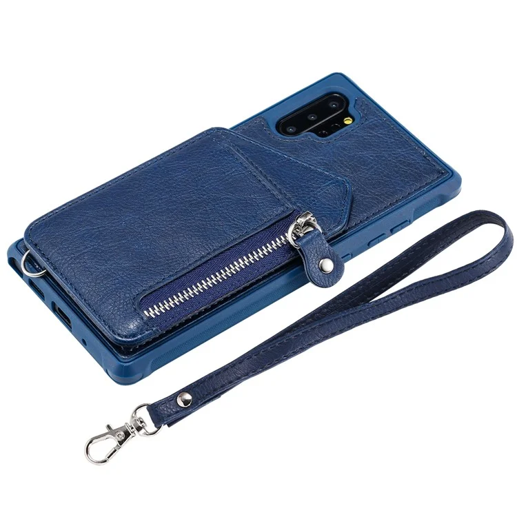 KT Leather Coated Series-2 Zipper Pocket Leather Coated TPU Card Holder Case with Kickstand for Samsung Galaxy Note 10 Plus 5G / Note 10 Plus - Blue
