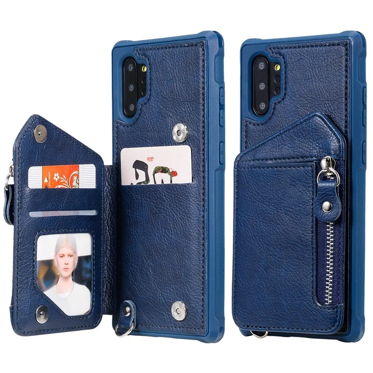 KT Leather Coated Series-2 Zipper Pocket Leather Coated TPU Card Holder Case with Kickstand for Samsung Galaxy Note 10 Plus 5G / Note 10 Plus - Blue