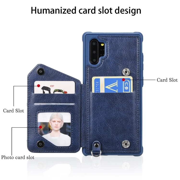 KT Leather Coated Series-2 Zipper Pocket Leather Coated TPU Card Holder Case with Kickstand for Samsung Galaxy Note 10 Plus 5G / Note 10 Plus - Blue