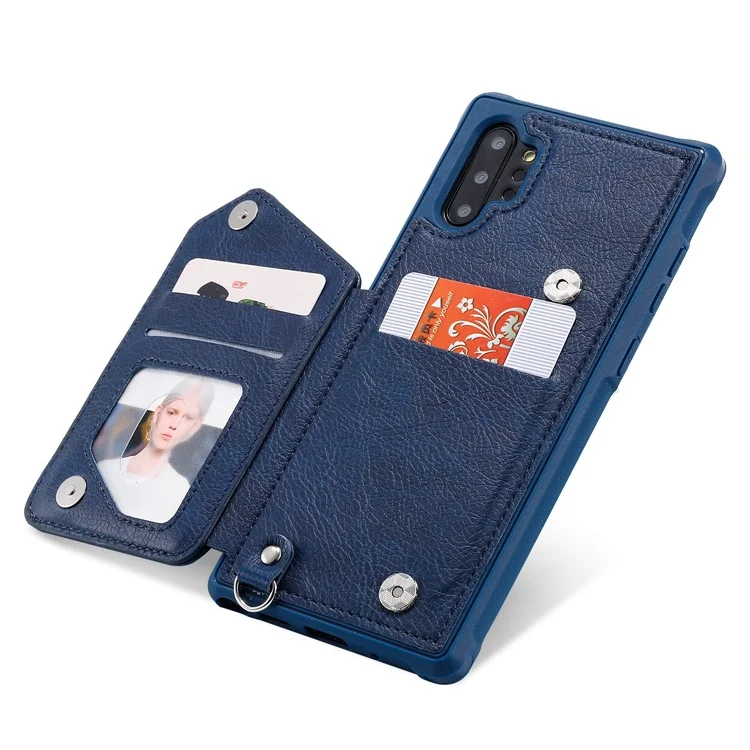 KT Leather Coated Series-2 Zipper Pocket Leather Coated TPU Card Holder Case with Kickstand for Samsung Galaxy Note 10 Plus 5G / Note 10 Plus - Blue